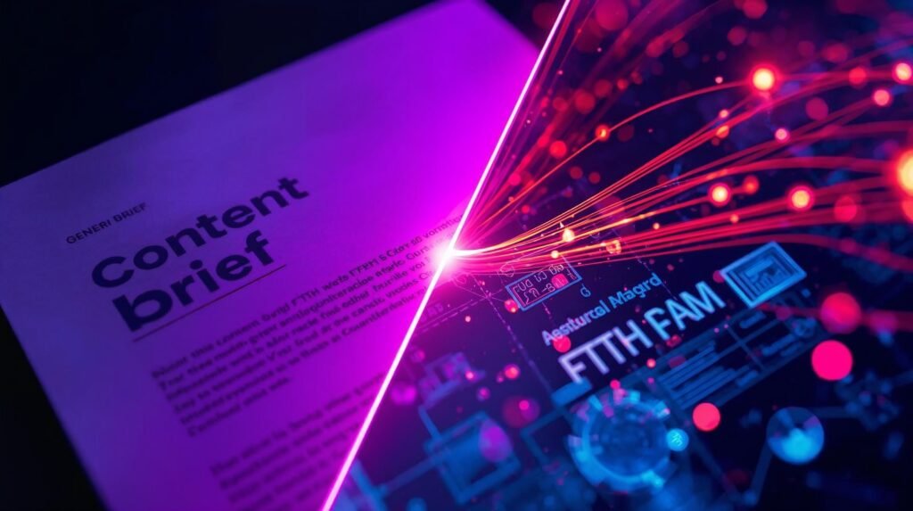 Fiber optic copywriter comparing generic content with specialized FTTH industry writing"