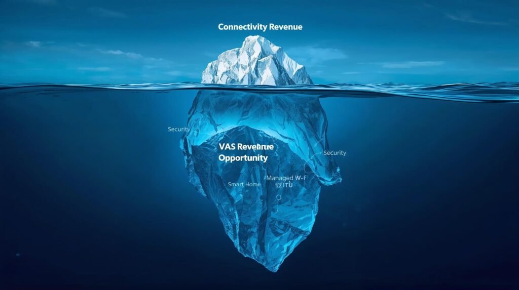 Value-added services iceberg showing hidden fiber ARPU growth opportunities beyond basic broadband connectivity