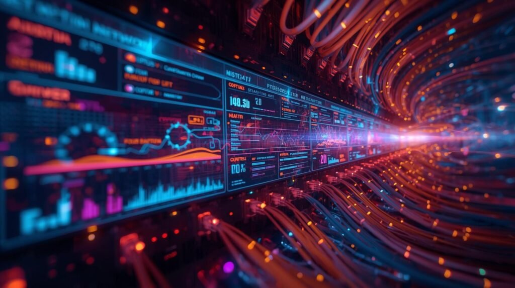 AI-powered FTTH automation dashboard showing real-time fiber network operations and fault management analytics