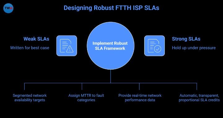 FTTH ISP partnership SLA dashboard showing network availability metrics, fault categories, and credit tracking for open-access networks