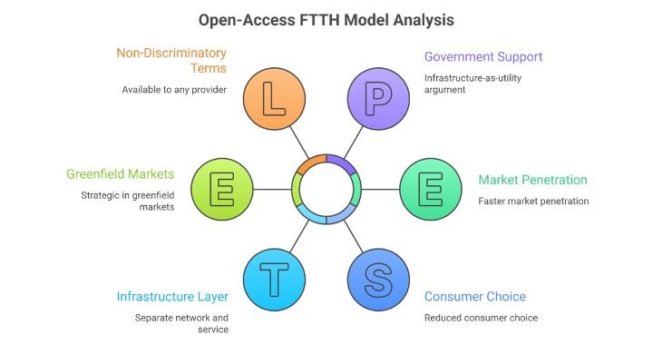 Open-access FTTH model — multiple ISPs sharing a single fiber network infrastructure