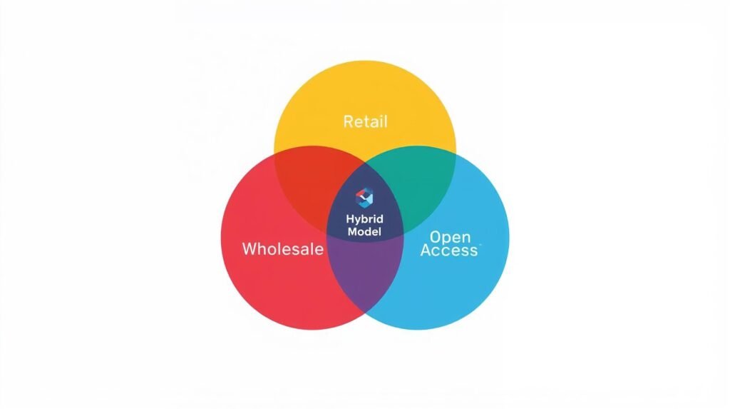 FTTH hybrid business model Venn diagram showing overlap between retail, wholesale, and open-access fiber strategies