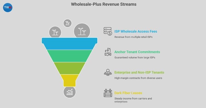 FTTH open-access revenue layers: wholesale ISP fees, anchor tenant, enterprise leases, and dark fiber — revenue yield breakdown