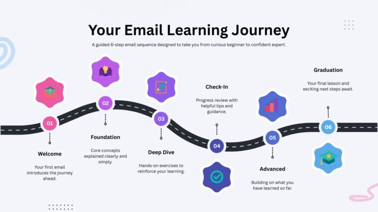 Infographic showing how an educational email course is structured across 6 days with subscriber journey milestones