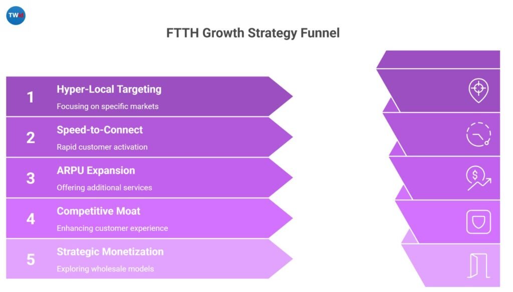 Five key FTTH growth strategy levers including market targeting, speed to connect, ARPU expansion, service experience, and network monetization
