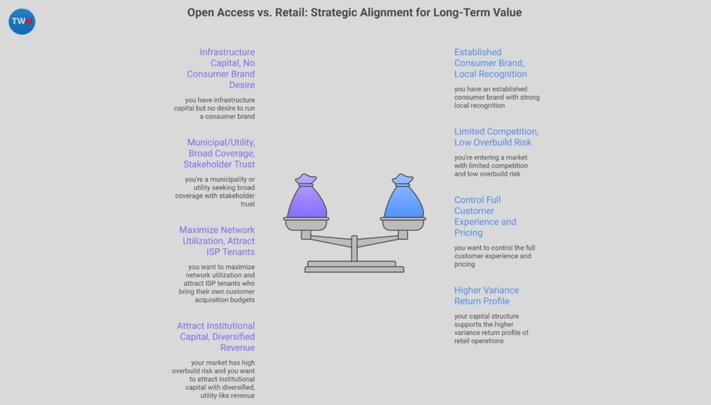 Open access FTTH model vs retail FTTH model — visual comparison of fiber business model architectures