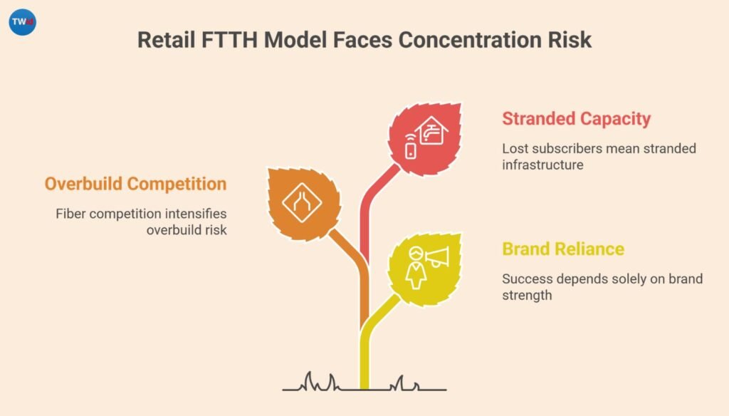 Retail FTTH Model Faces Concentration Risk with three interconnected risks depicted as colored leaf shapes on stems: Overbuild Competition in orange (fiber competition intensifies overbuild risk), Brand Reliance in yellow (success depends solely on brand strength), and Stranded Capacity in red (lost subscribers mean stranded infrastructure), all emerging from a heartbeat line at the base