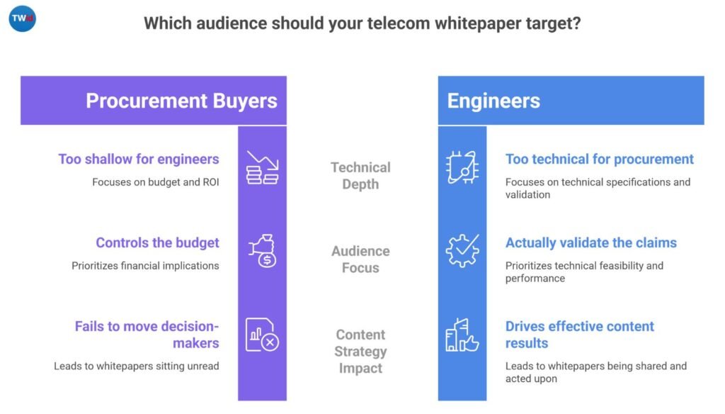 FTTH procurement decision chain showing how whitepapers fail to reach CFO and C-suite decision-makers