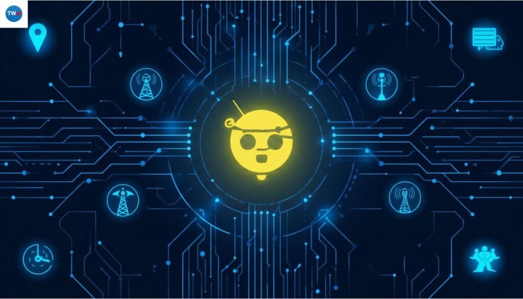 Telecom chatbot AI interface with yellow robot icon surrounded by telecommunications network infrastructure, fiber optic connections, and digital communication symbols
