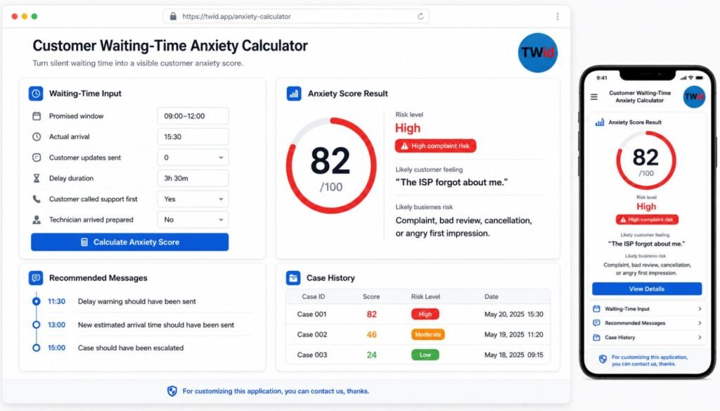 Customer Waiting-Time Anxiety Calculator dashboard showing an installation case with promised window, actual arrival time, anxiety score out of 100, color-coded risk badge, and recommended ISP customer communication messages.