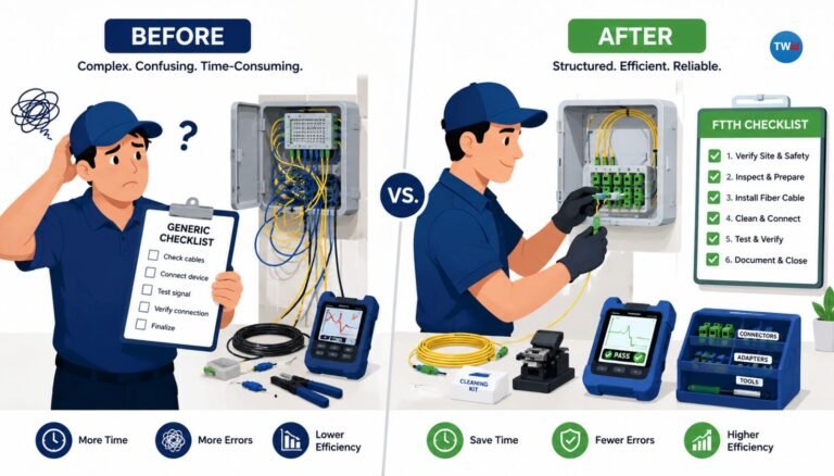 FTTH technician using a structured deployment checklist for fiber installation, testing, and commissioning
