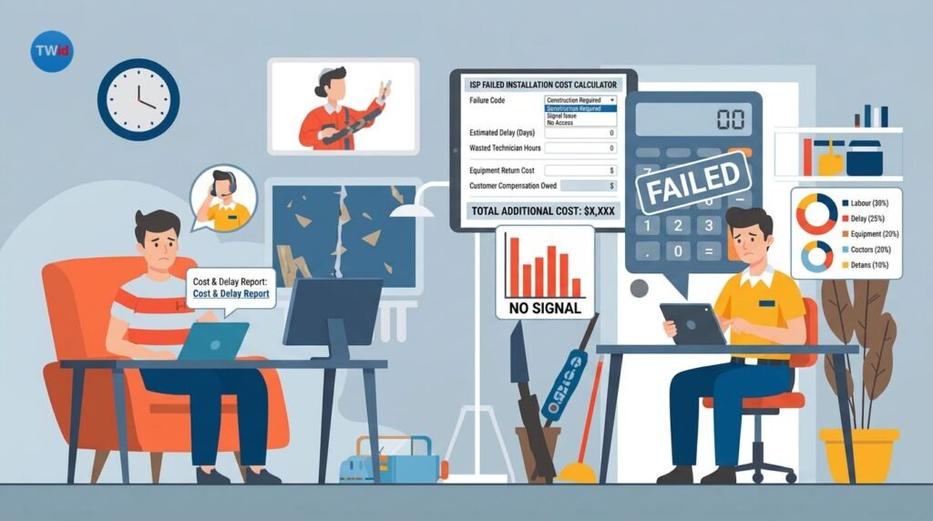 ISP failed installation cost calculator showing financial impact analysis with customers and service providers reviewing installation failure costs and data charts