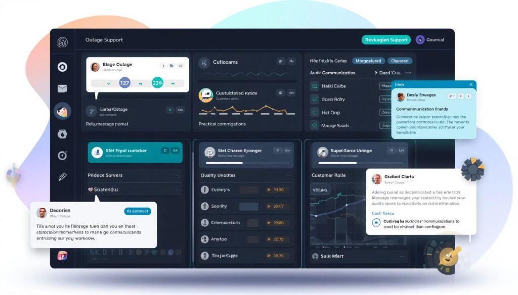 Outage communication audit tool dashboard showing telecom support experts reviewing and scoring ISP customer messages and outage notifications
