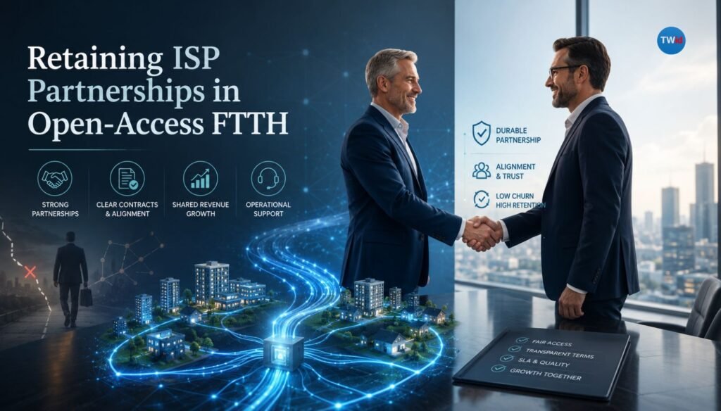Four-phase ISP partnership onboarding timeline for FTTH operators: technical, commercial, business planning, and launch phases over 90 days