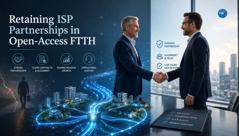 Two executives shaking hands over a glowing open-access FTTH network map, symbolizing durable ISP partnerships, clear contracts, shared revenue growth, and operational support.