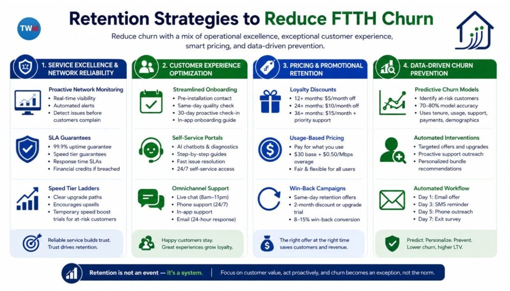 FTTH churn reduction infographic showing retention strategies including proactive network monitoring, customer experience optimization, loyalty programs, win-back campaigns, and predictive churn prevention.