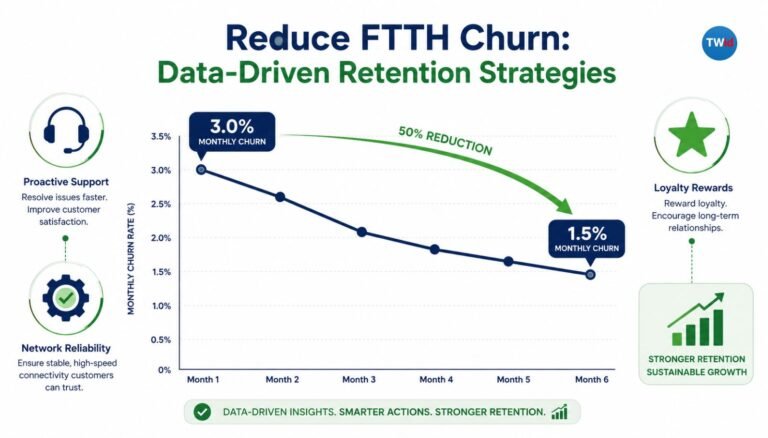TTH churn reduction strategies — chart showing declining monthly churn rate with retention tactics