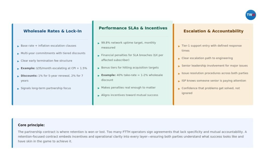 Three pillars of retention-focused ISP partnership contract architecture: wholesale rates with escalation clauses, performance SLAs with penalty and bonus structures, and escalation procedures with defined support tiers