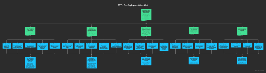 FTTH deployment planning phase showing technician with site survey map, conduit route verification, equipment procurement checklist, and crew training materials for fiber-to-the-home installation