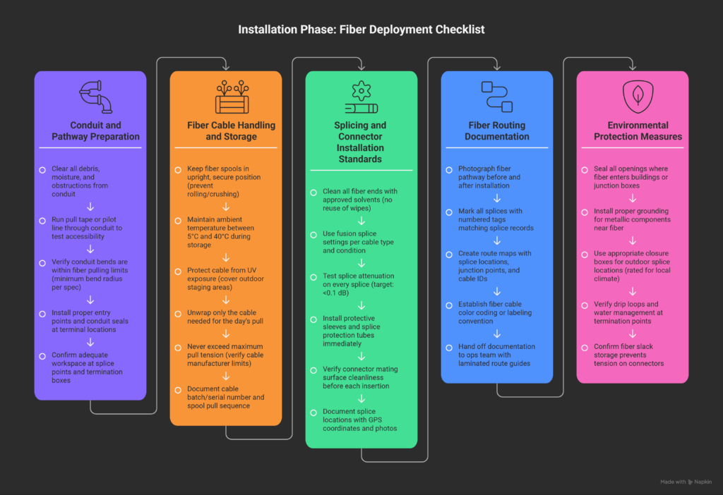 Infographic of FTTH fiber deployment installation phase showing six interconnected steps: conduit and pathway preparation with debris clearing and bend radius verification, fiber cable handling and storage in climate-controlled environment with proper spool positioning, splicing and connector installation with fusion splice testing and protective sleeves, fiber routing documentation with GPS coordinates and labeled splice locations, and environmental protection measures including sealing, grounding, and water management - each step illustrated with technician performing task, equipment used, and checklist verification marks indicating completed requirements for successful fiber-to-the-home network deployment