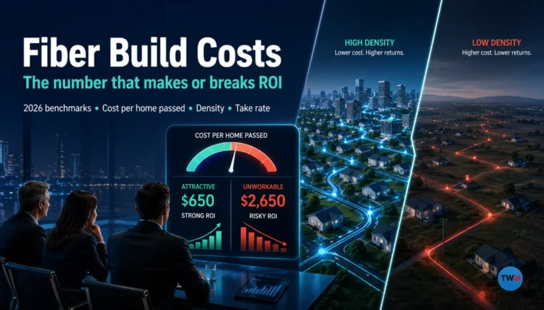 Fiber build cost analysis showing cost per home passed, density, and take rate as key ROI drivers for FTTH network investment decisions.