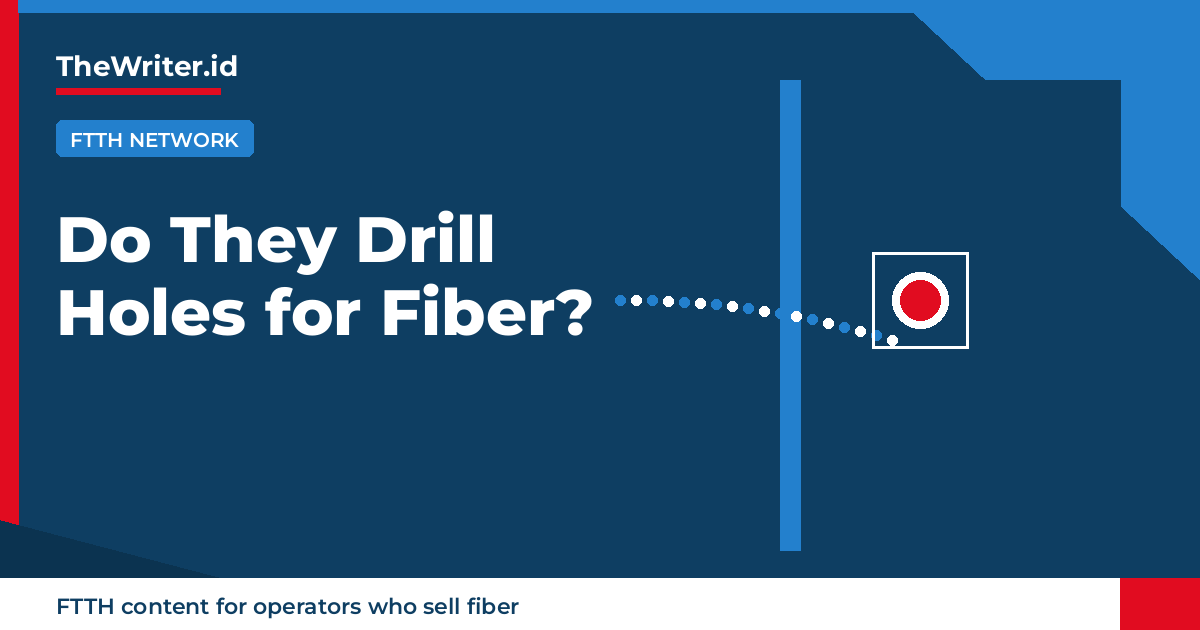 Editorial graphic about fiber internet installation drilling: one small sealed wall entry, TheWriter.id branded.