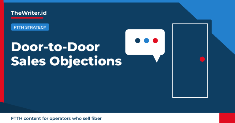 Editorial graphic for door-to-door fiber internet sales objections and scripts, TheWriter.id branded.