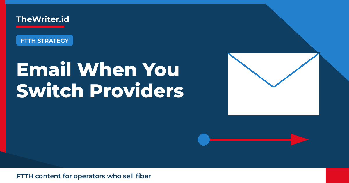 Editorial graphic about what happens to email when switching internet providers, TheWriter.id branded.