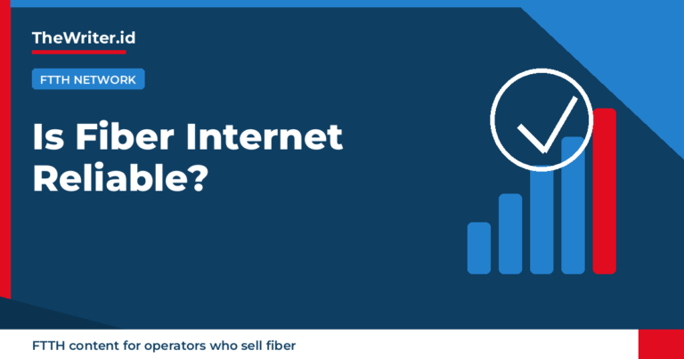 Editorial graphic asking if fiber internet is reliable, uptime and outage themes, TheWriter.id branded.