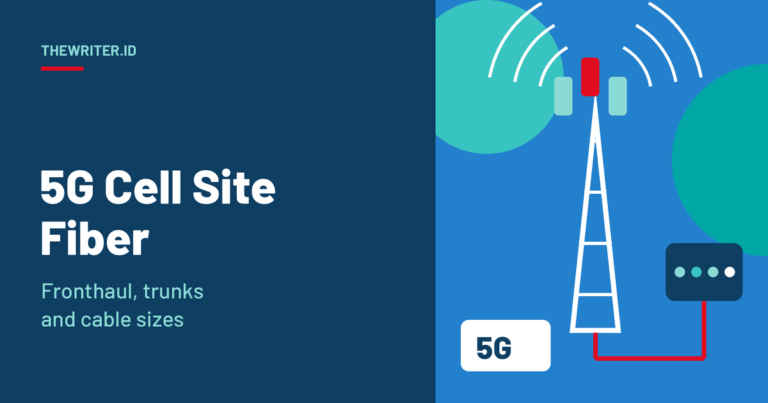 Illustration of a 5G cell tower with sector antennas and a fiber lateral running to an aggregation hub, for the TheWriter.id guide on how much fiber a 5G cell site needs.