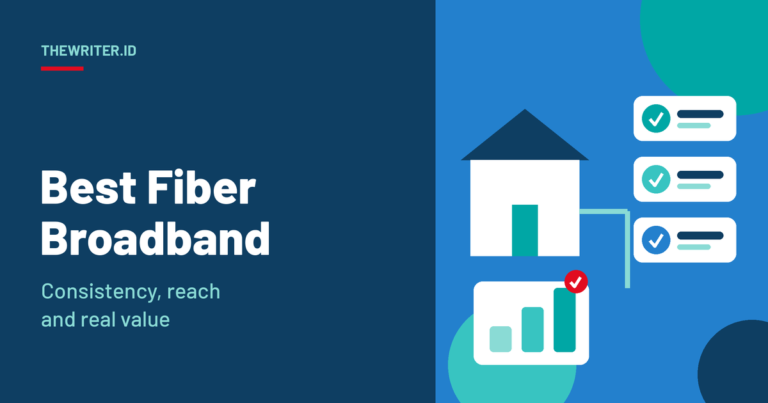 Illustration of a house connected by fiber with three check badges for consistency, availability and value next to a ranked bar chart, for the TheWriter.id guide to choosing the best fiber home broadband provider.