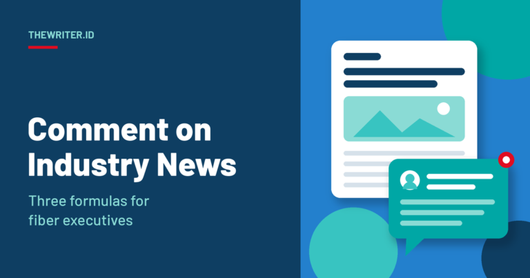 Geometric illustration of a news article card with a teal comment bubble and a red notification dot, for how to comment on industry news on LinkedIn, TheWriter.id.
