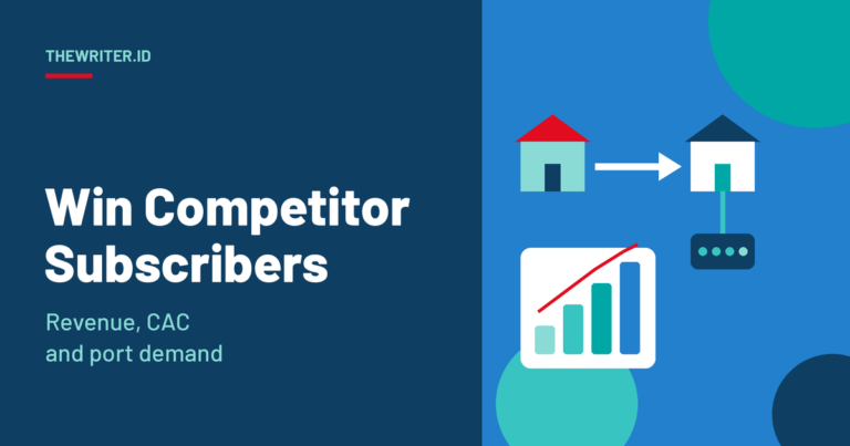 Illustration of an arrow moving a subscriber from a red-roofed competitor house to a fiber-connected house with a block of ports, beside a rising revenue chart, for the TheWriter.id guide to competitor subscriber conversion.