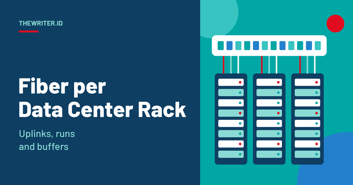 Illustration of server racks with fiber uplinks running up to a leaf switch, for the TheWriter.id guide on how much fiber cabling each data center rack needs.