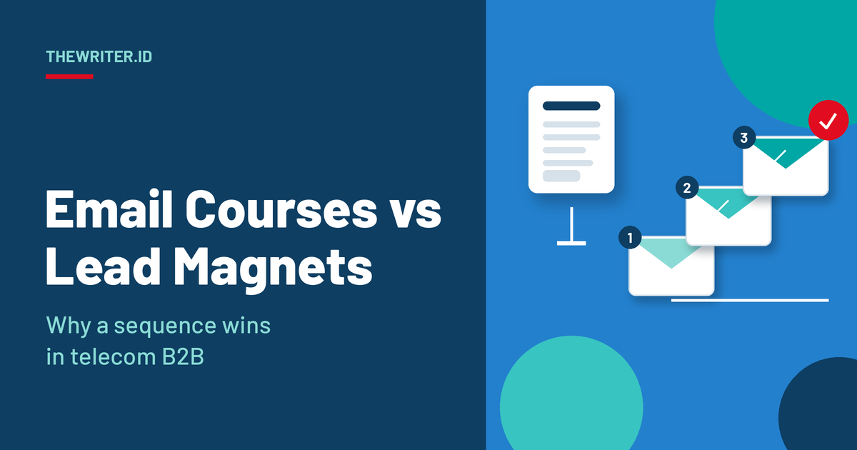 Geometric illustration of a single document reaching a dead end beside a numbered sequence of three email envelopes ending in a red check, for email courses vs lead magnets, TheWriter.id.