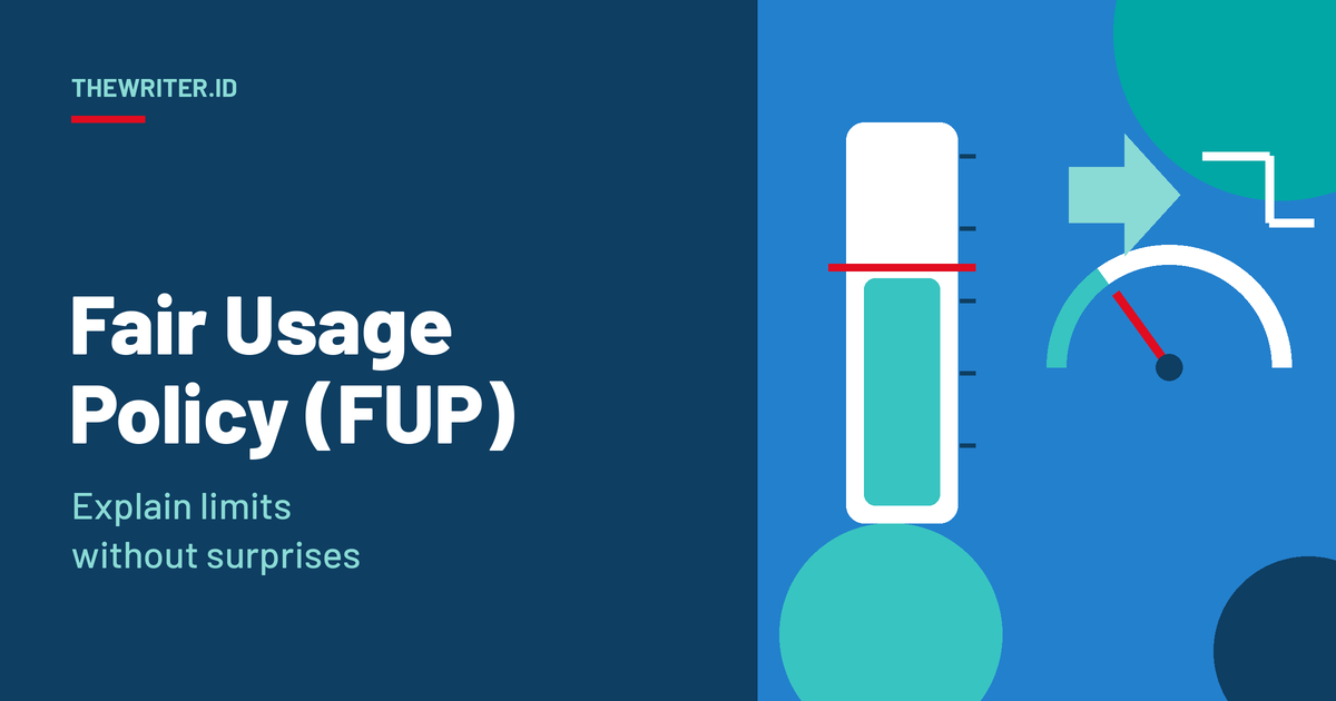 Illustration of a monthly data meter filling up to a threshold line next to a speed gauge stepping down, for the TheWriter.id guide on explaining fair usage policy to customers.