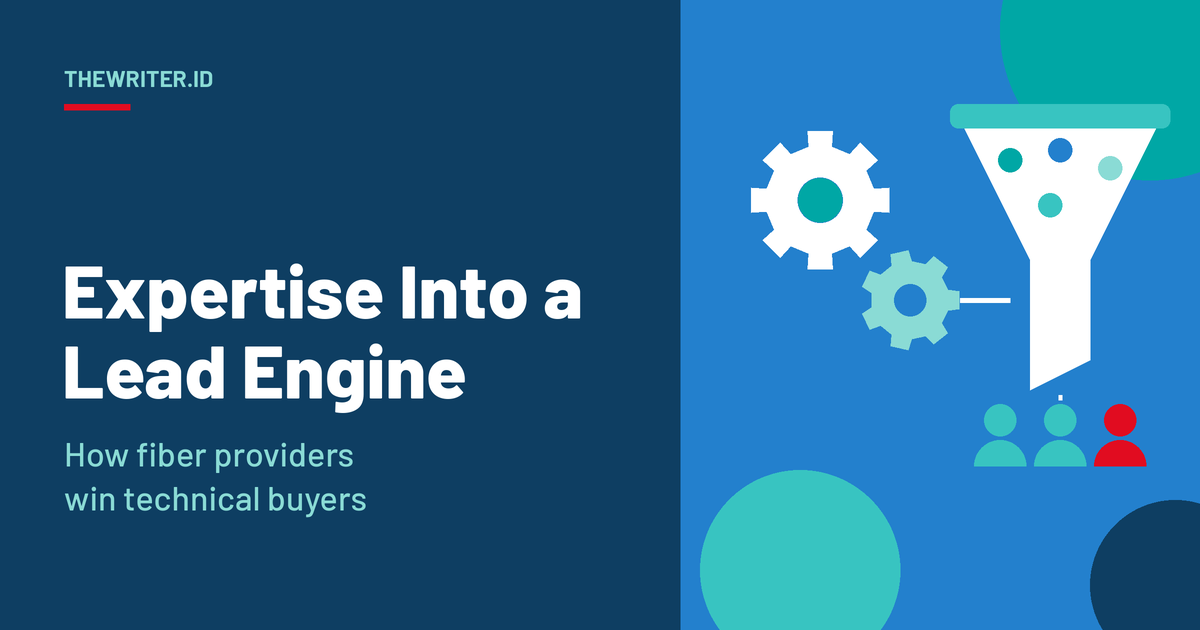 Geometric illustration of two gears feeding a funnel that outputs three buyer icons, one in red, for turning fiber provider expertise into a lead engine, TheWriter.id.