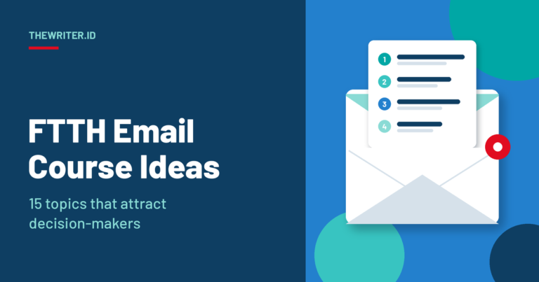 Geometric illustration of an open envelope with a numbered lesson list rising out of it and a red notification badge, for FTTH email course ideas, TheWriter.id.