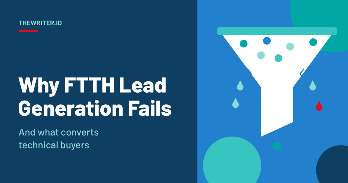Geometric illustration of a cracked funnel leaking drops, one of them red, for why FTTH lead generation fails and what converts technical buyers, TheWriter.id.