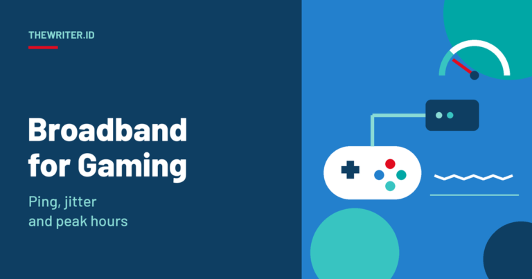 Illustration of a game controller linked by fiber to a home router, with a ping gauge reading low and a steady latency line, for the TheWriter.id guide to the best home broadband provider for gaming.