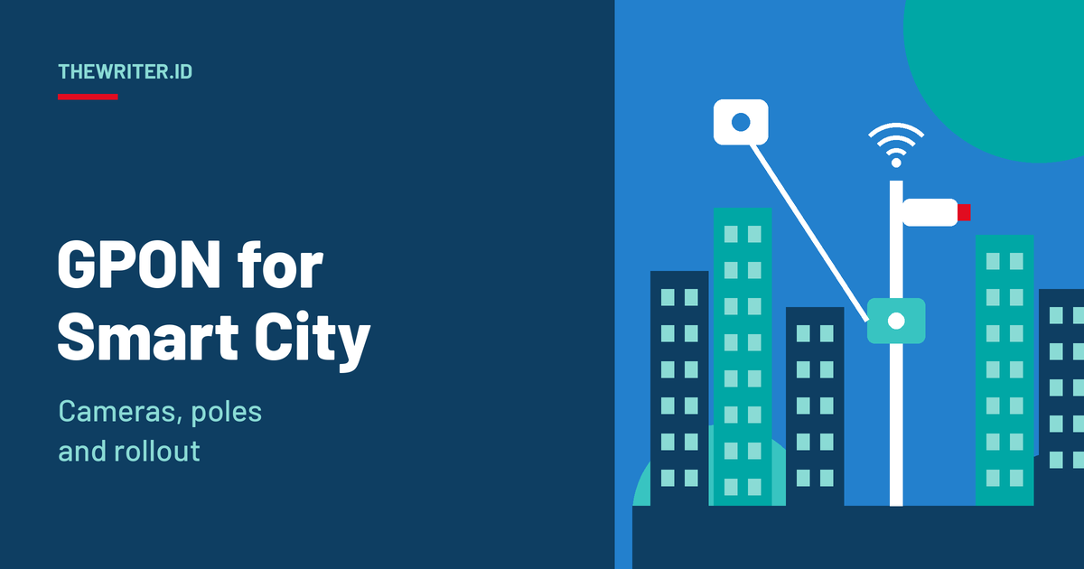Illustration of a city skyline with a street pole carrying a CCTV camera and Wi-Fi, linked by fiber back to the network, for the TheWriter.id guide to GPON for smart city networks.