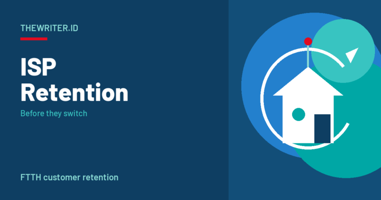 Illustration of an FTTH home kept on a teal retention loop, for ISP customer retention strategies, TheWriter.id.