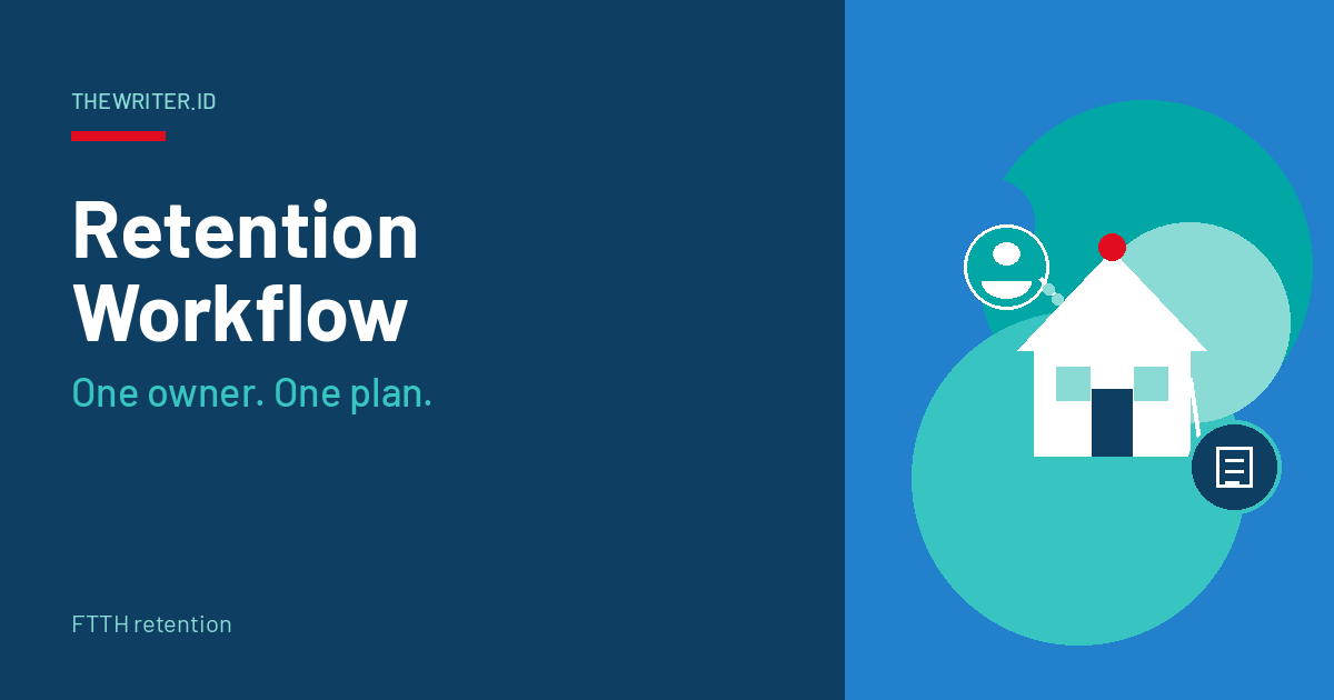 Illustration of one case owner linking an FTTH home to a recovery plan, for an ISP customer retention workflow, TheWriter.id.
