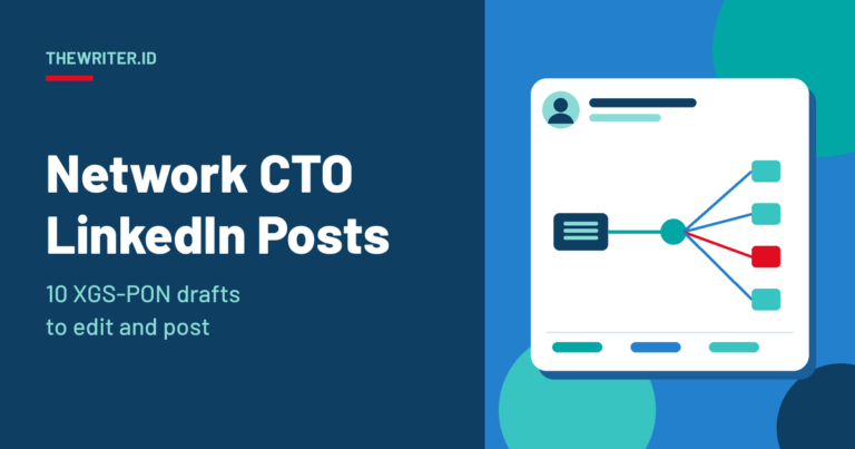 Geometric illustration of a social post card with an executive profile and a PON tree linking an OLT, splitter and ONTs, for LinkedIn post ideas for a network CTO, TheWriter.id.