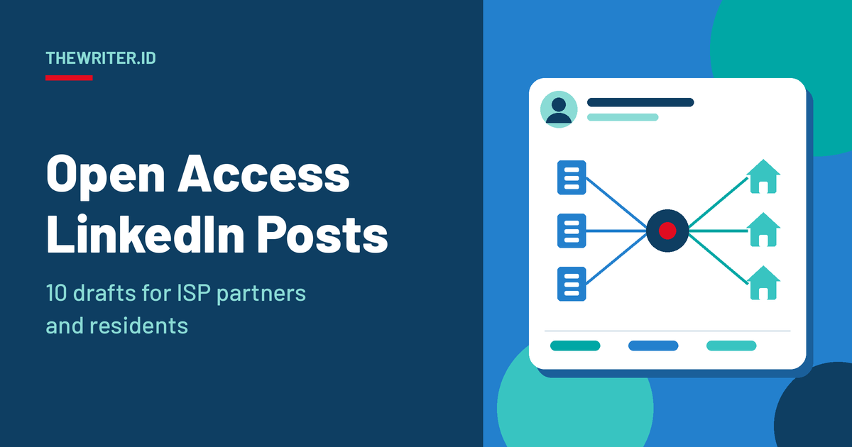 Geometric illustration of a social post card with an executive profile and a central fiber hub linking ISP servers to homes, for LinkedIn post ideas for an open access network operator, TheWriter.id.