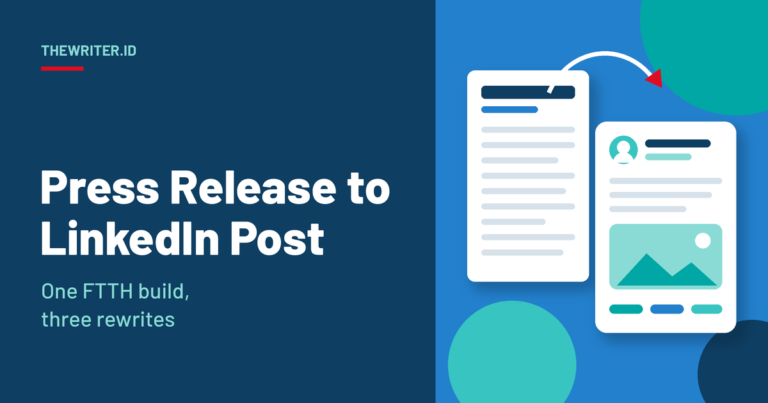 Geometric illustration of a press release sheet with a curved arrow leading to a social post card, for turning a press release into a LinkedIn post, TheWriter.id.