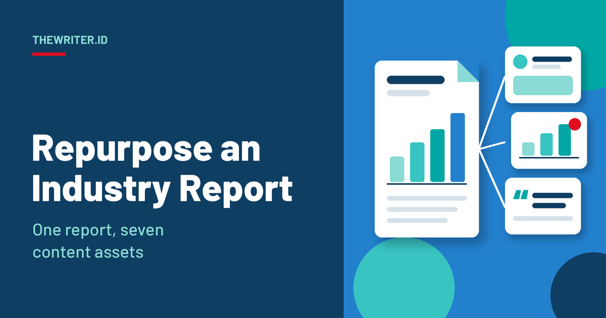 Geometric illustration of an industry report with a bar chart fanning out into a post card, a chart card and a quote card, for repurposing an industry report into content, TheWriter.id.