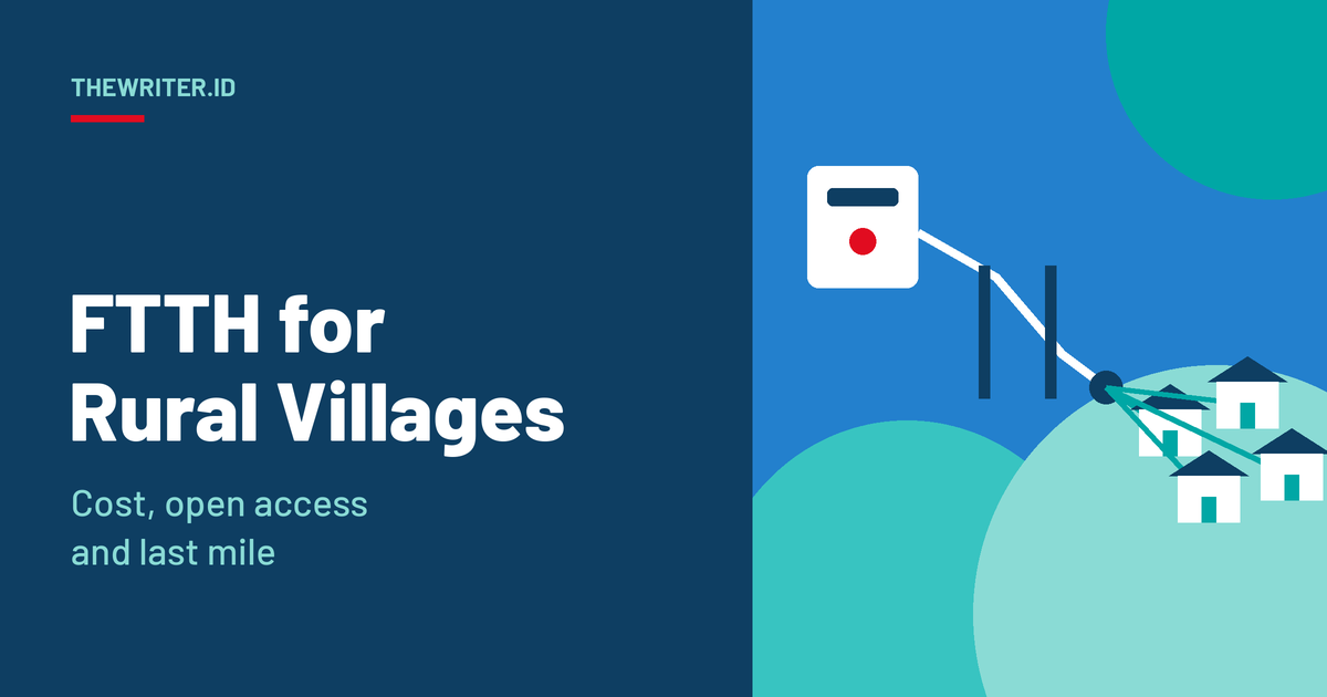 Illustration of a fiber line running from a central point over hills to a cluster of village houses on a ridge, for the TheWriter.id guide to FTTH for rural villages.