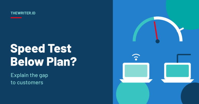 Illustration of a speed gauge reading below the plan marker, with a laptop on Wi-Fi and a wired cable test side by side, for the TheWriter.id guide on speed test results lower than the plan.