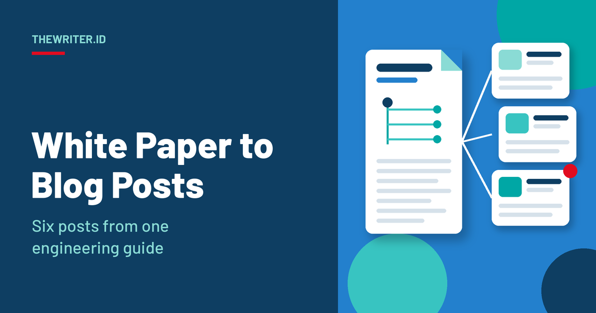 Geometric illustration of a white paper document with a fiber diagram splitting into three blog post cards, for turning a white paper into blog posts, TheWriter.id.